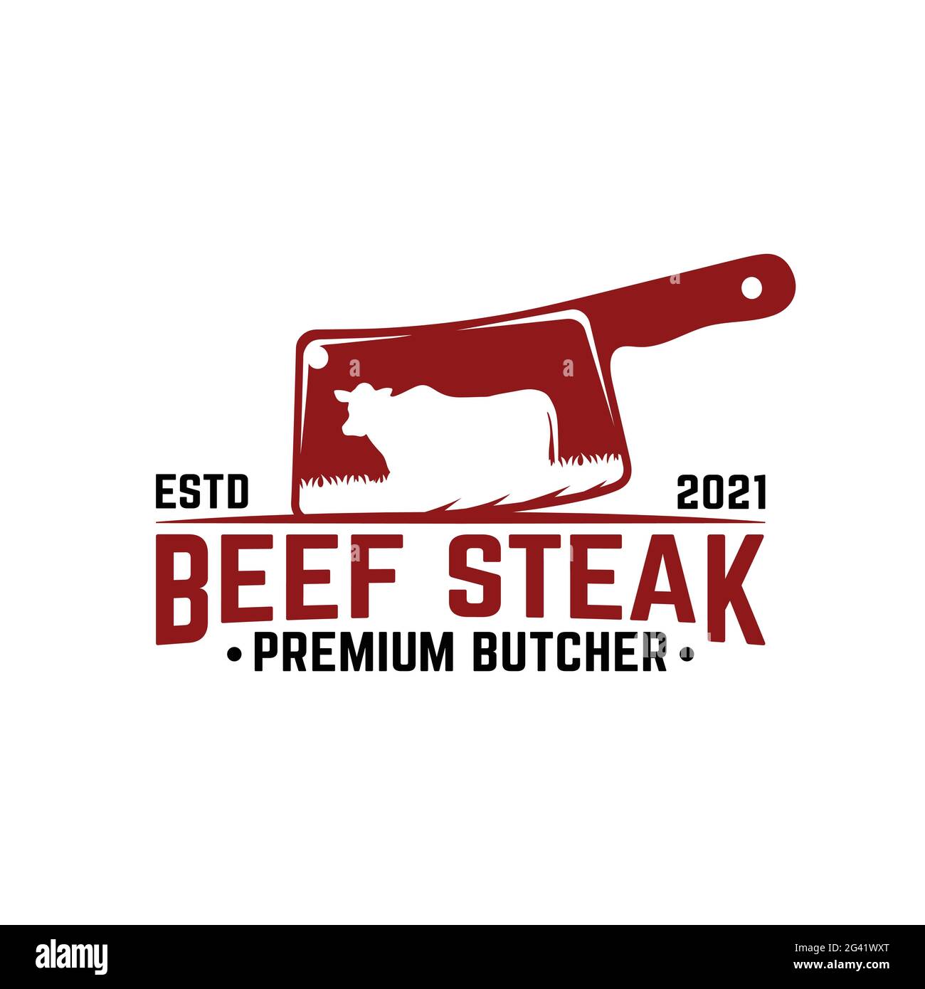 Coltello per carne con un simbolo di mucca. Adatto per macellerie, macellerie, gastronomia, carni bovine, mercato, modello di design con logo Hipster retro d'epoca. Illustrazione Vettoriale