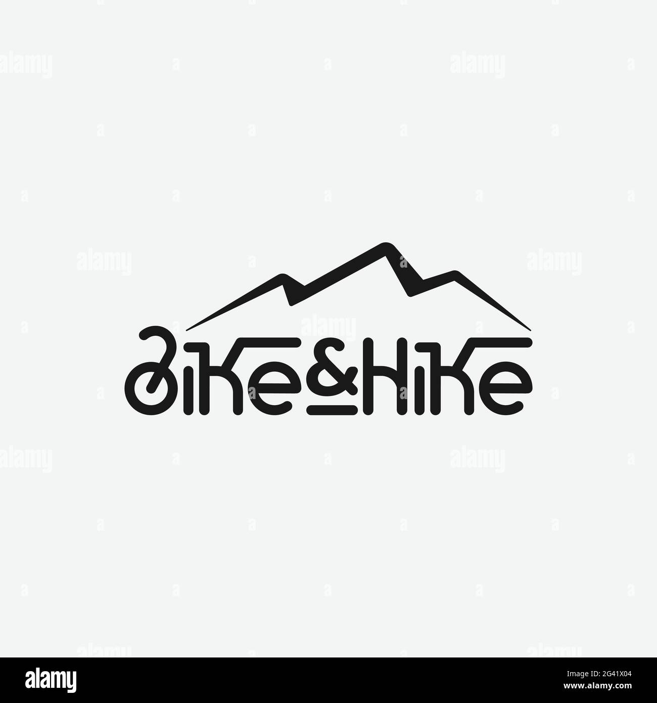 Logo bike and Hike in stile Wordmark che significa Ciclismo ed escursionismo. Adatto per biciclette Avventura Escursionismo all'aperto Arrampicata Viaggiare Sport Gear Club Illustrazione Vettoriale