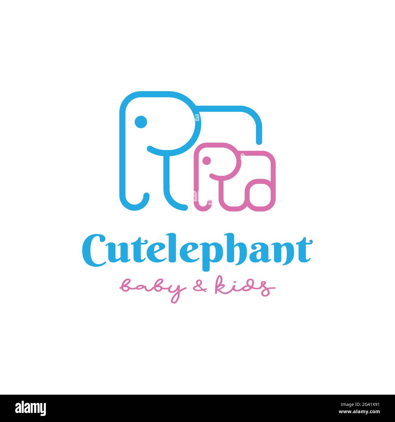 Cute Fun Happy adorabile Baby Kids piccolo bambino Elephant piccolo con la mamma linea semplice Logo Design per il negozio di bambini e bambini Illustrazione Vettoriale