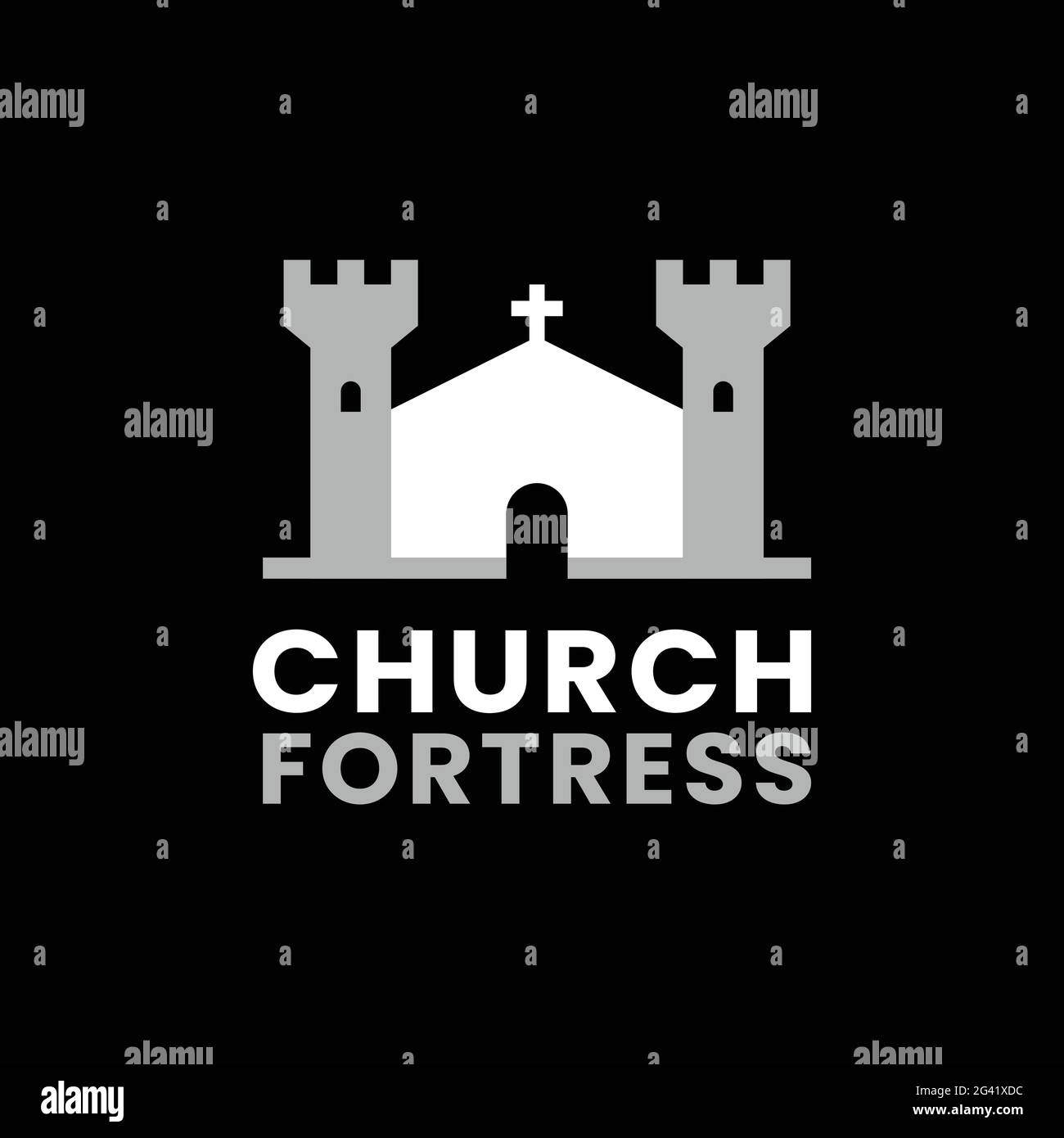 Modello di design con logo della fortezza della chiesa. Una chiesa fortificata è una chiesa che è costruita per servire un ruolo difensivo in tempi di guerra. Adatto per il logo della Chiesa Illustrazione Vettoriale