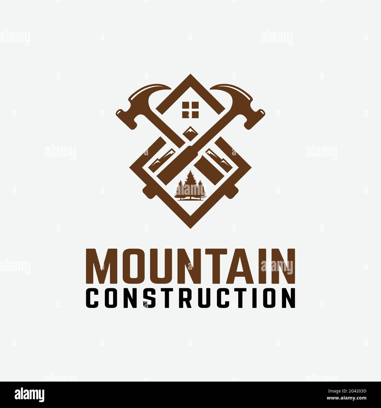 Modello di progettazione del logo Mountain Construction. Martelli, montagne, alberi e tetti di case simboleggiano la costruzione in natura. Adatto per l'edilizia Illustrazione Vettoriale