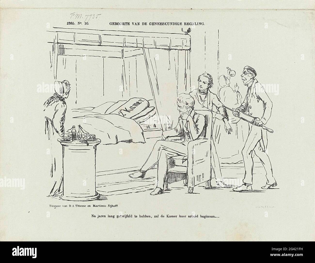 Cartone sulla lentezza nella Camera bassa, 1865; nascita della disposizione medica. Cartoni animati sul difficile da levare in piedi dagli atti legislativi nella Camera bassa. La Camera dei rappresentanti come madre imminente nell'acquazzone del bambino. Plate apparve al Weekblad De Nederlandsche Spectator, n. 10, 11 marzo 1865. Foto Stock