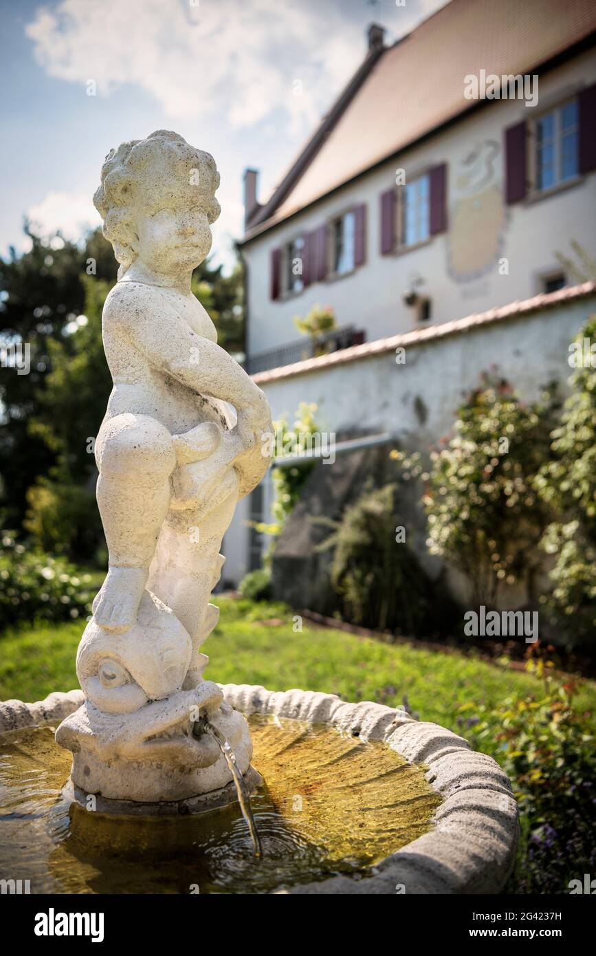 Fontana nel giardino di Rosenchloss Schlachteg a Gundelfingen an der Donau, Dillingen, Baviera, Germania Foto Stock