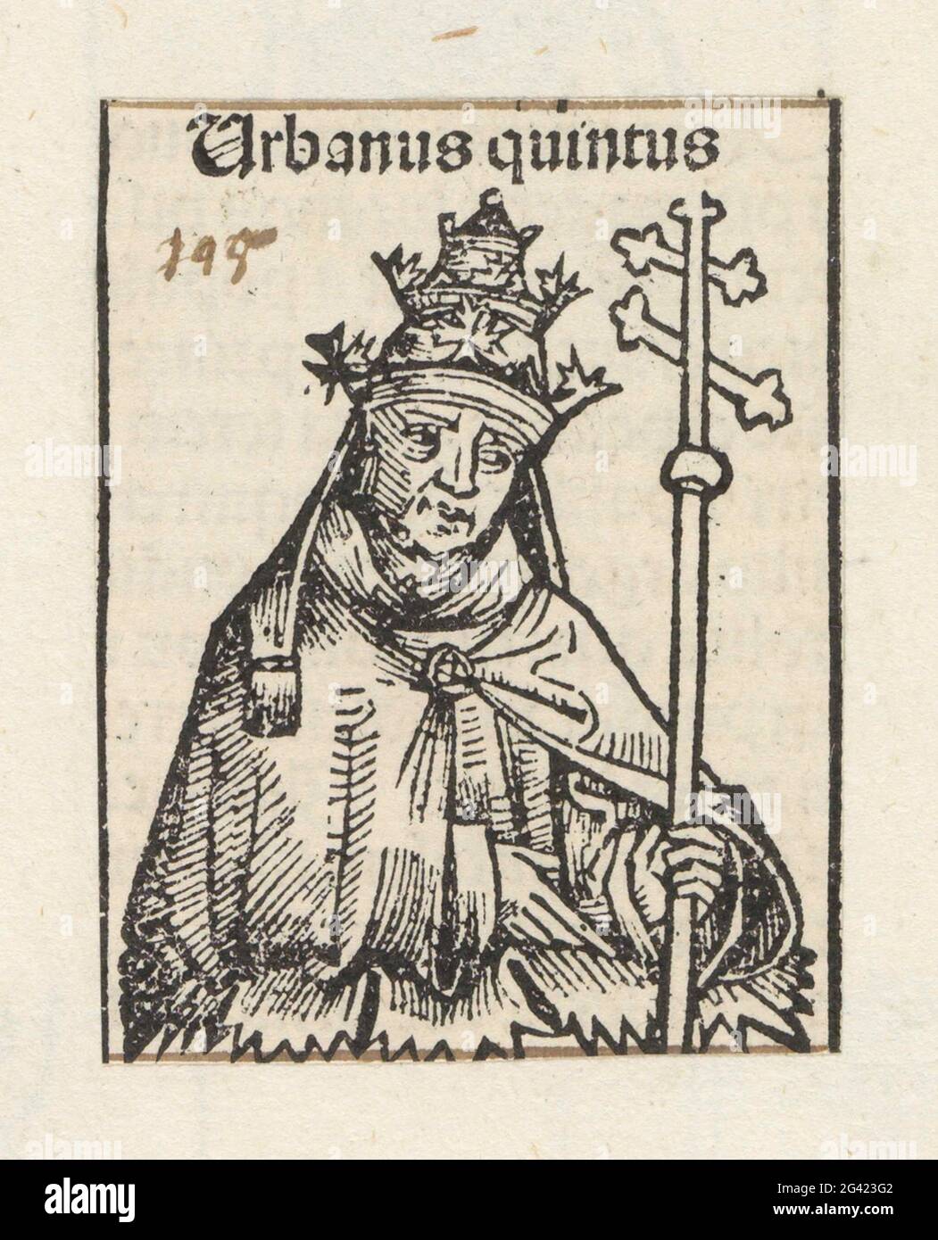 Papa Urbano V; Urbano quintus; Liber cronicarum. Un celco di fiori con un papa. Indossa una tiara e ha un bastone con doppia croce nelle mani. Lo spettacolo fa parte della sequenza pop nel Liber Chronicarum. Il testo identifica l'uomo come Urbanus V. la stampa fa parte di un album. Foto Stock