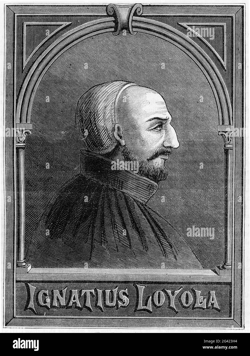 Incisione di Ignazio Loyola, fondatore dell'ordine cattolico militare romano, la Società di Gesù, normalmente conosciuta come Gesuiti Foto Stock
