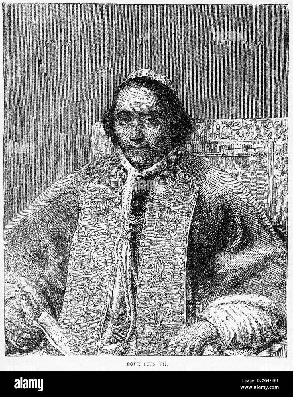 Incisione di Papa Pio VII, (1742 – 1823), nato Barnaba Niccolò Maria Luigi Chiaramonti, fu capo della Chiesa cattolica e capo degli stati papali dal 14 marzo 1800 alla sua morte nel 1823. Foto Stock