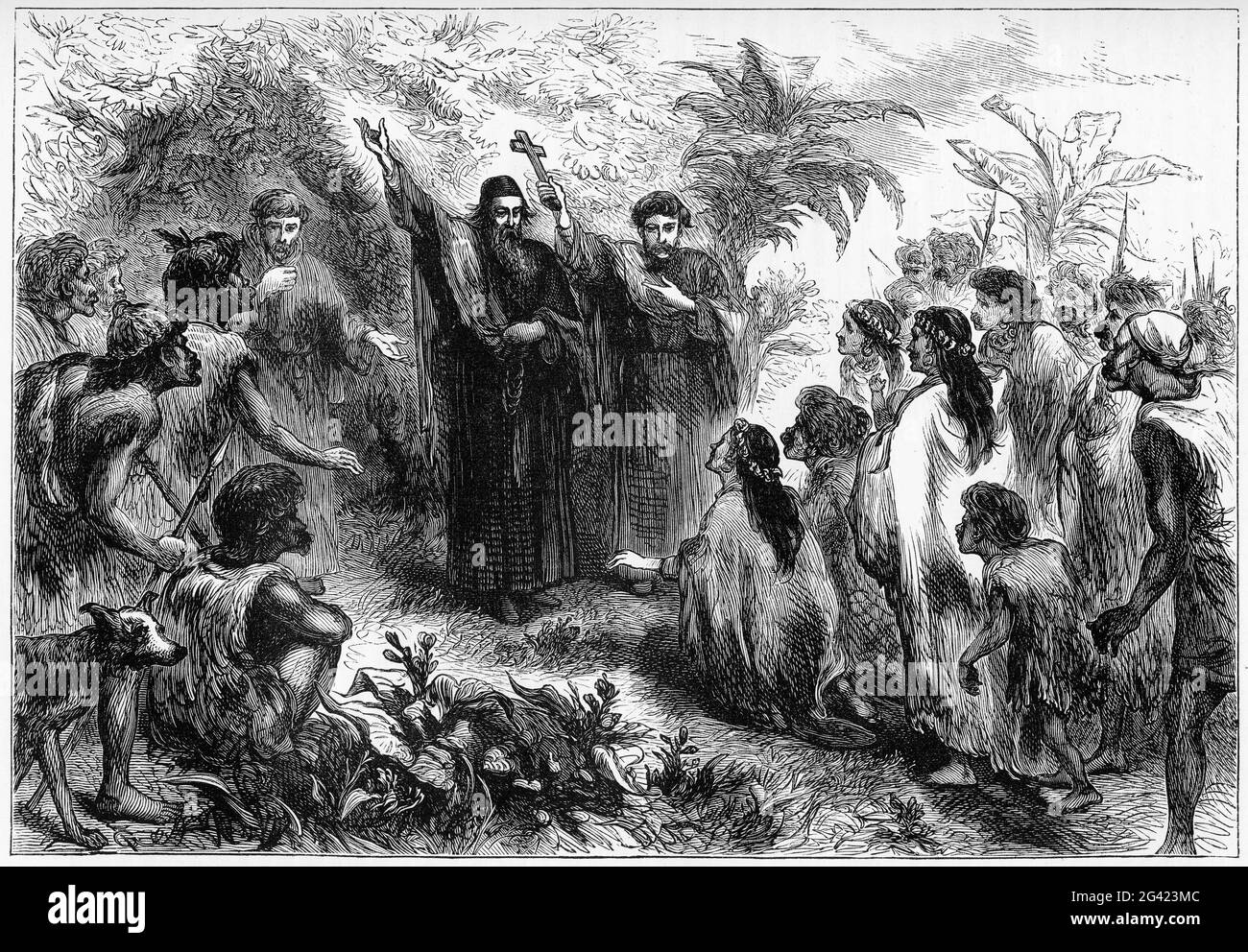 Incisione di missionari gesuiti che predicano ad una tribù di indiani Foto Stock Incisione di missionari gesuiti che predicano ad una tribù di indiani Foto Stock