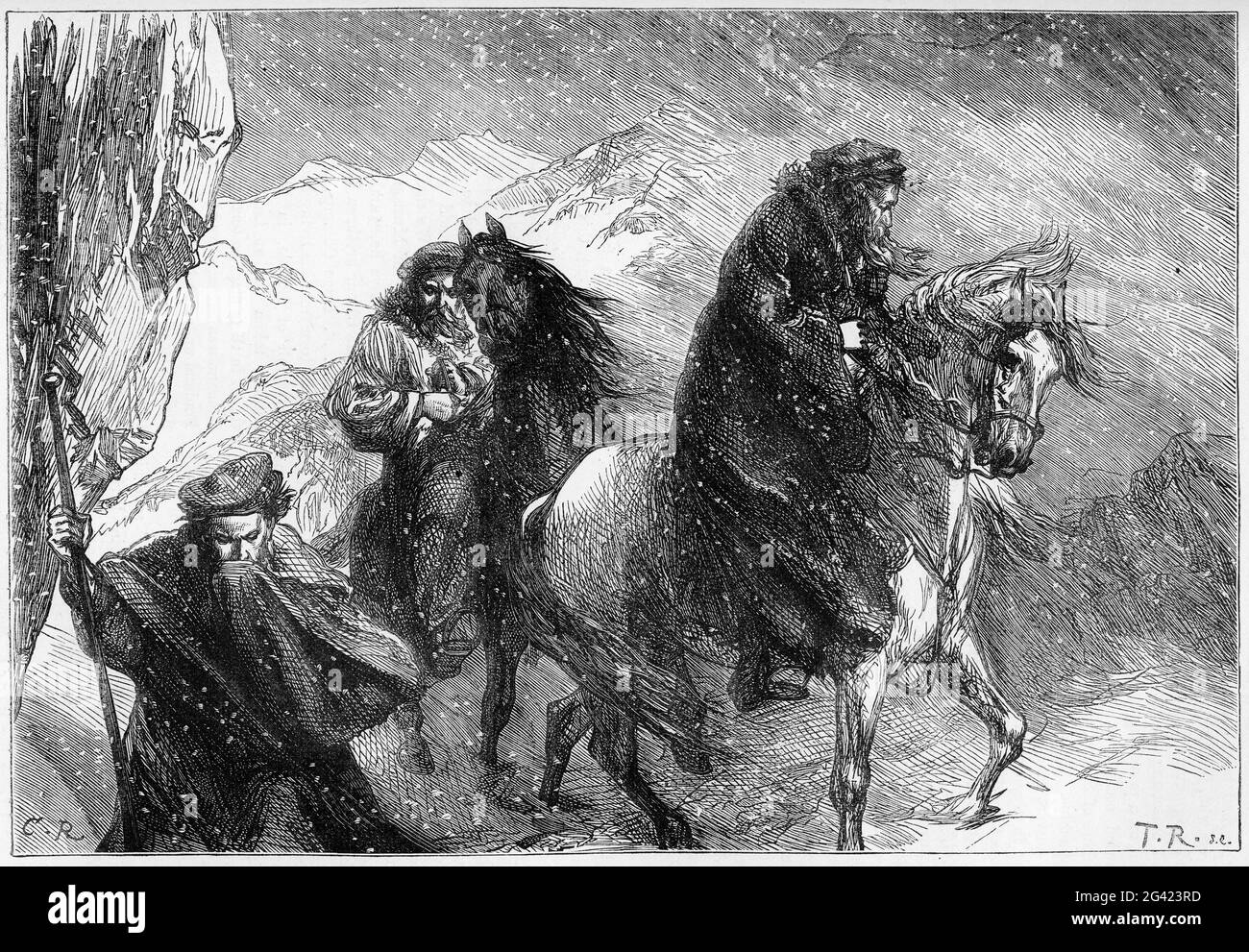 Incisione del riformatore William Farel e dei suoi compagni che attraversano le Alpi per portare il loro vangelo ai Valdesi, che si erano separati dalla società mondana vivendo nelle alpi del nord Italia. Foto Stock