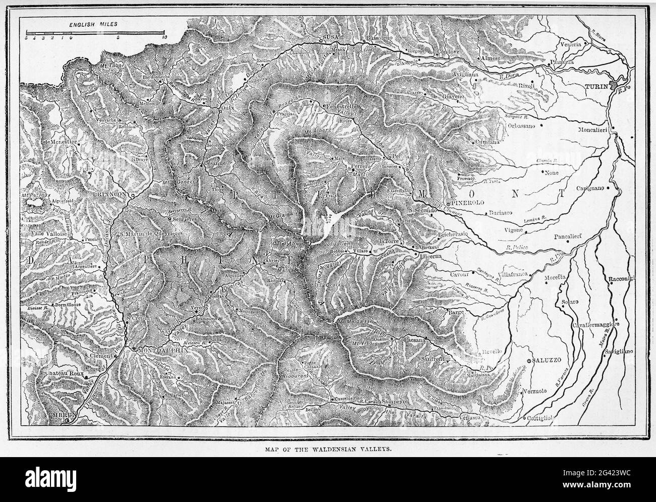 Incisione delle valli abitate dai Valdesi nel nord Italia, da una pubblicazione nel 1878 Foto Stock