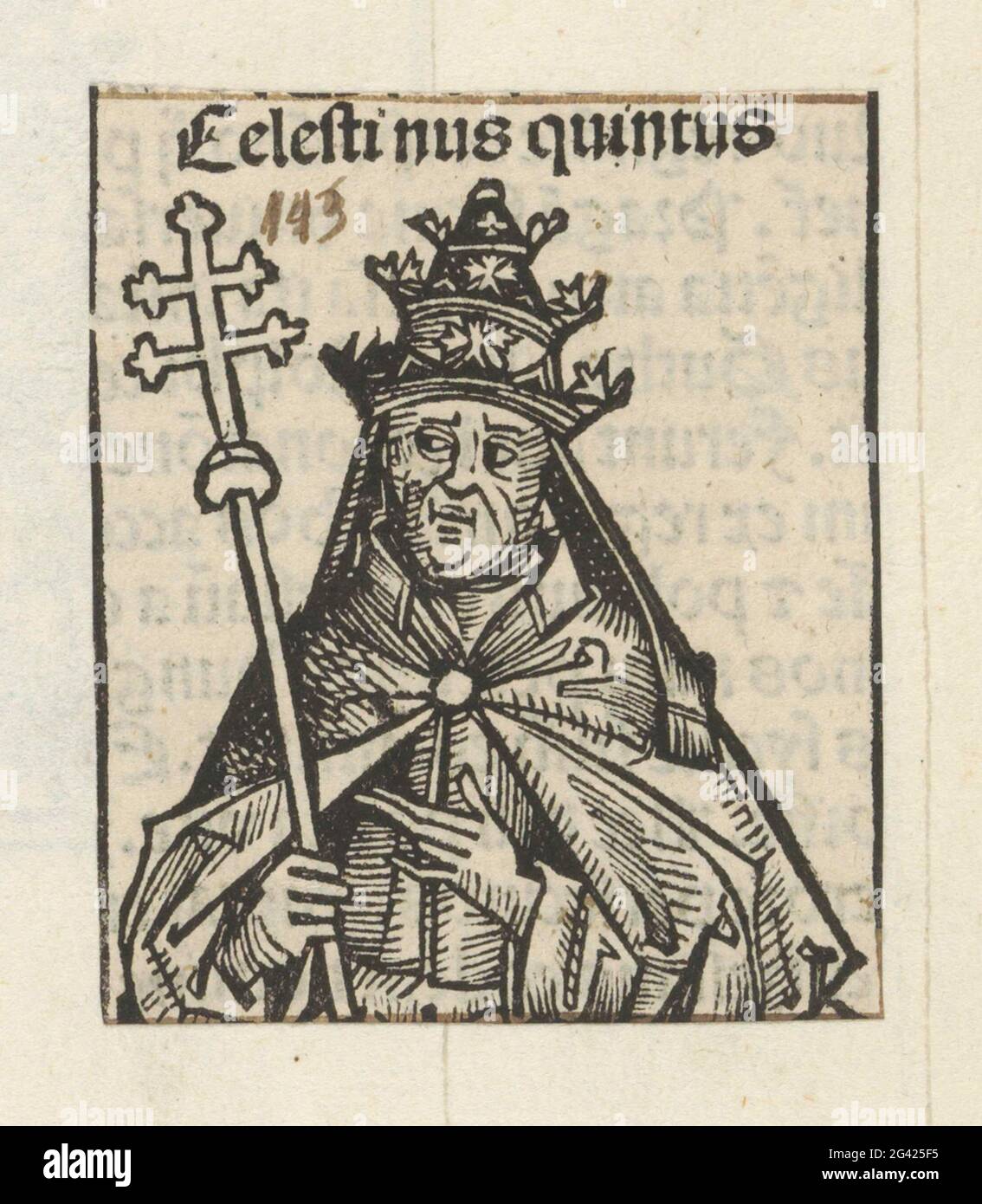 Papa celestinus v; Celestinus Quintus; Liber chronicarum. Un celco di fiori con un papa. Indossa una tiara e ha un bastone con doppia croce nelle mani. Lo spettacolo fa parte della sequenza pop nel Liber Chronicarum. Il testo identifica l'uomo come Celestinus V. la stampa fa parte di un album. Foto Stock