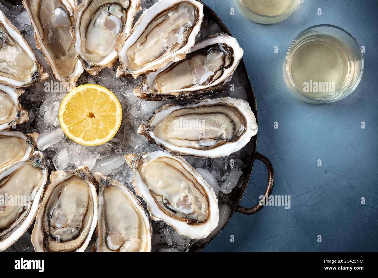 Ostriche con vino, sparate dall'alto su sfondo blu Foto Stock