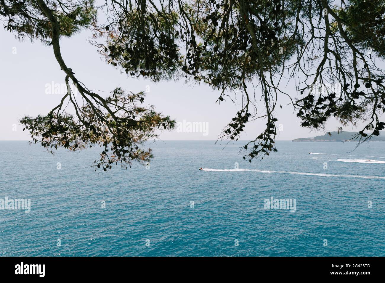 Budva, Montenegro - 07 agosto 2020: Le persone in moto d'acqua nuotano in acque calme contro l'orizzonte blu. Foto Stock