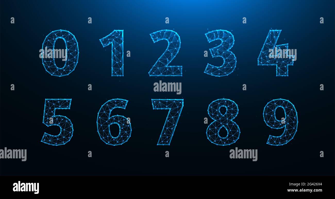 Illustrazione vettoriale poligonale di numeri da zero a nove. Un insieme di numeri composti da linee e punti. Foto Stock