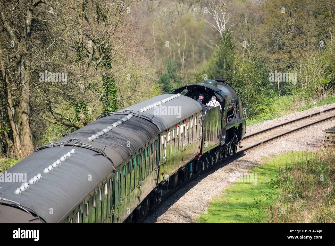 Treno a vapore su The Bluebell linea ferroviaria in Sussex Foto Stock