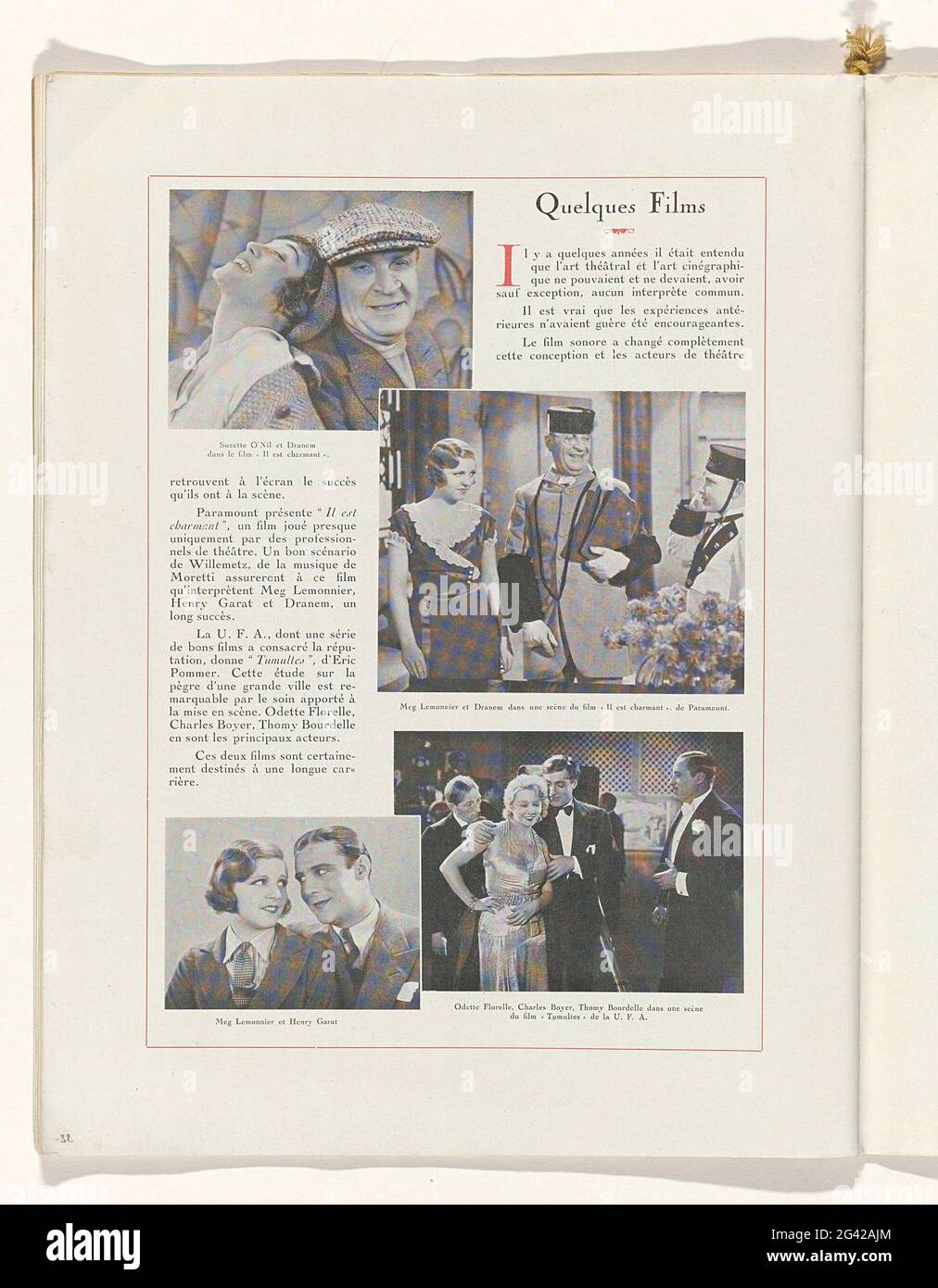 Arte - gusto - bellezza, volantini di eleganza femminile, marzo 1932, n° 139, 12° anno, pag. 32. Tekst 'alcuni film' MET VIER AFBEELDINGEN UIT VERSCHILLDENDE FILM, Waaronder' e' affascinante 'tumults'. Pagina uit Het modetijdschrift Arte-gusto-bellezza (1920-1933). Foto Stock