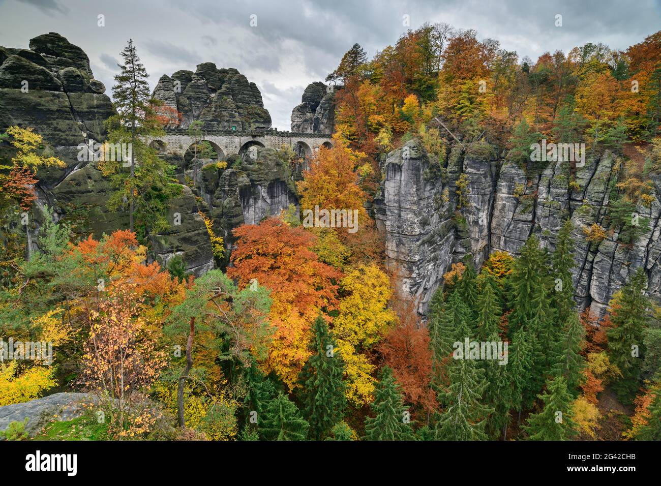 Umore autunnale al Bastei, Bastei, Saxon Svizzera Parco Nazionale, Saxon Svizzera, Elbe arenaria, Sassonia, Germania Foto Stock