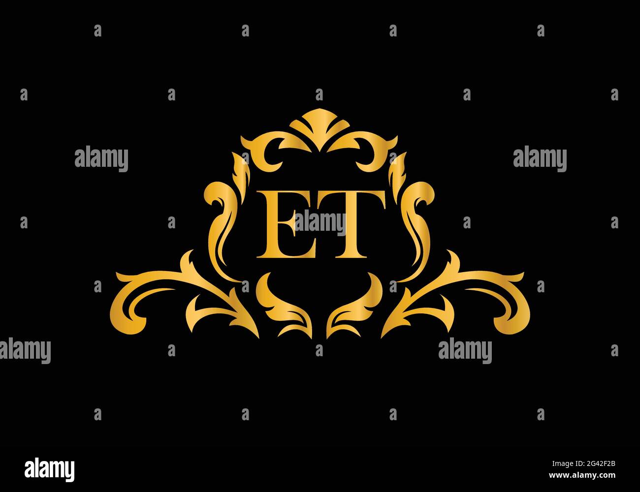Lettere di Alfabeto di lusso ET. Alfabeto floreale dorato . Le iniziali del monogramma perfettamente per gli inviti di nozze, il biglietto di auguri, il logo ed altro disegno. Illustrazione Vettoriale