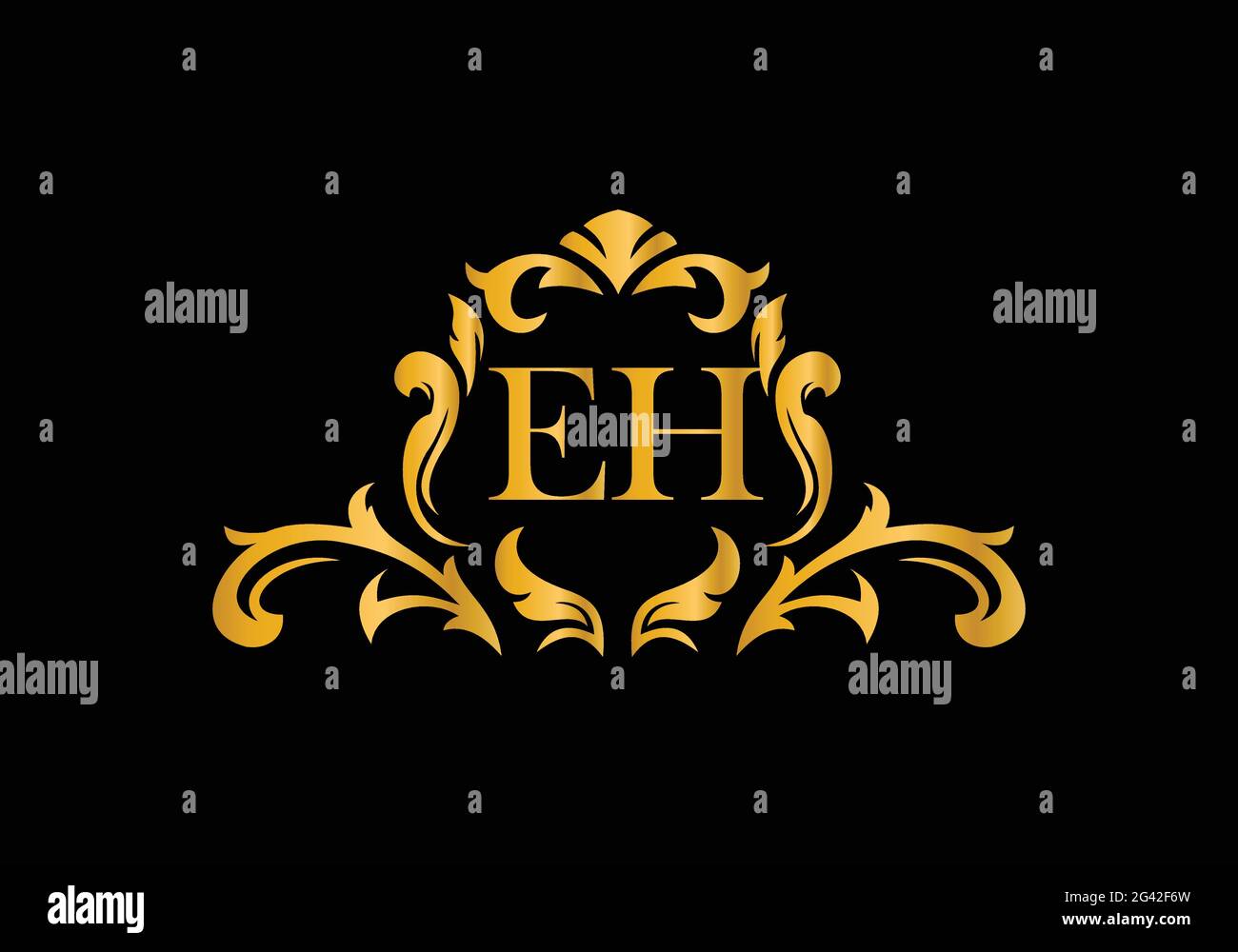 Lettere in alfabeto di lusso EH. Alfabeto floreale dorato . Le iniziali del monogramma perfettamente per gli inviti di nozze, il biglietto di auguri, il logo ed altro disegno. Illustrazione Vettoriale