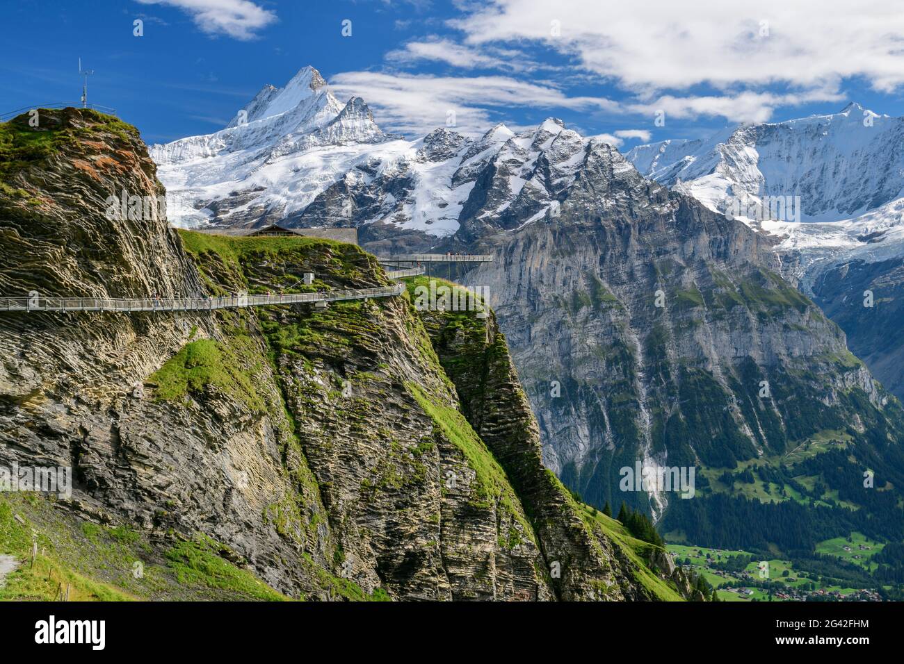 Passeggiata sulla scogliera con vista su Schreckhorn e Fiescherhorn, Tissot Cliff Walk Am First, Grindelwald, Oberland Bernese, Patrimonio Naturale dell'Umanità dell'UNESCO Foto Stock