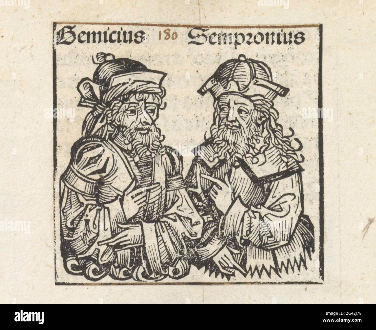 Gemicius e Sempronio; Gemicius / Sempronio; Liber cronicarum. Due classi di fiori con due uomini. Indicano l'uno con l'altro. Il testo li identifica come Gemicius (Genucius?) E Sempronio. Lo spettacolo è un frammento della sequenza dei consoli romani nel Liber Chronicarum. La stampa fa parte di un album. Foto Stock