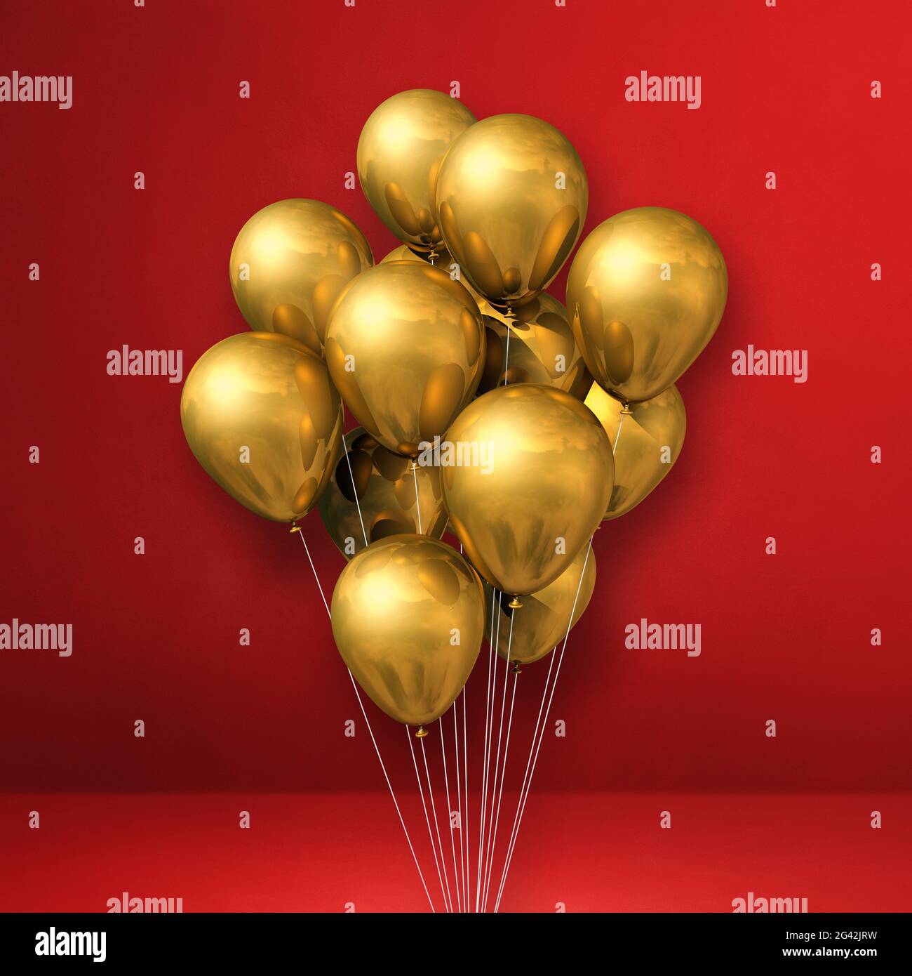 I palloncini d'oro si mazzano su uno sfondo rosso Foto Stock