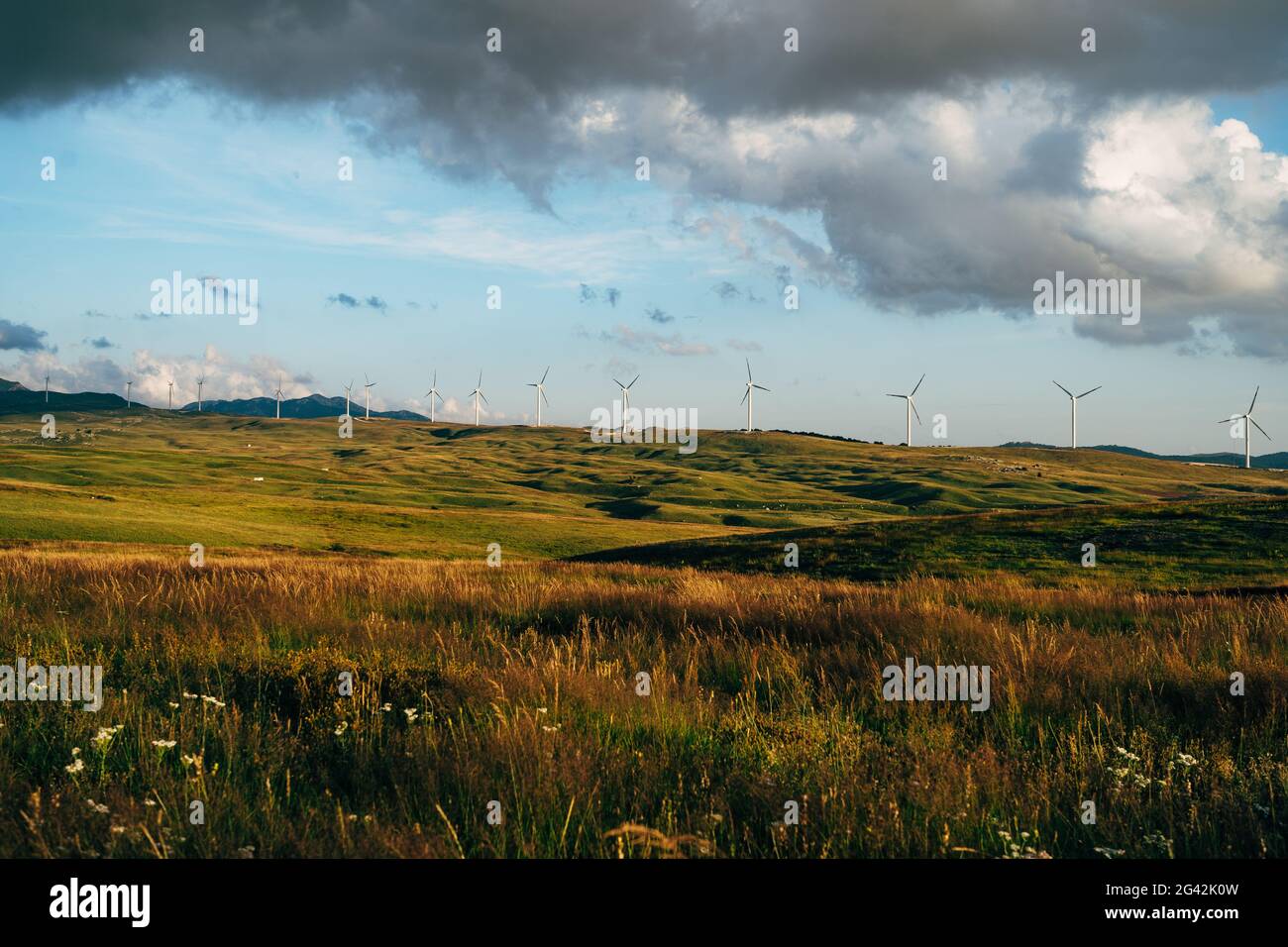 Un gran numero di turbine eoliche si trovano sul campo al tramonto, uno skyline con cielo blu e nuvole di velluto. Foto Stock