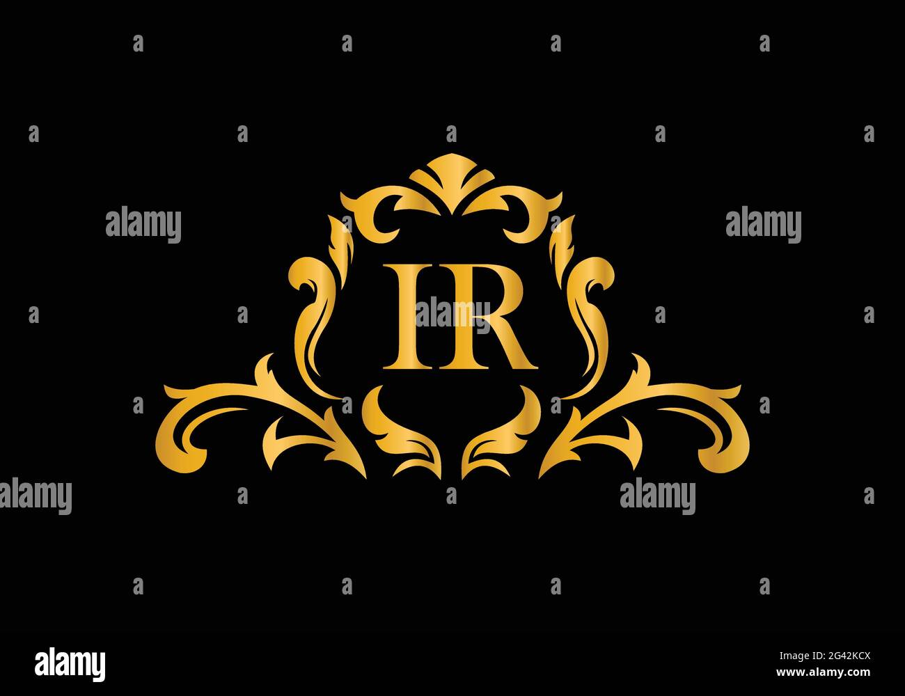 Lettere in alfabeto di lusso IR. Alfabeto floreale dorato . Le iniziali del monogramma perfettamente per gli inviti di nozze, il biglietto di auguri, il logo ed altro disegno. Illustrazione Vettoriale