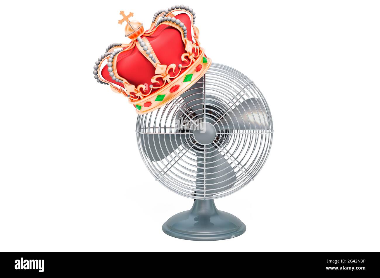 Ventilatore da tavolo con corona dorata, rendering 3D isolato su sfondo bianco Foto Stock