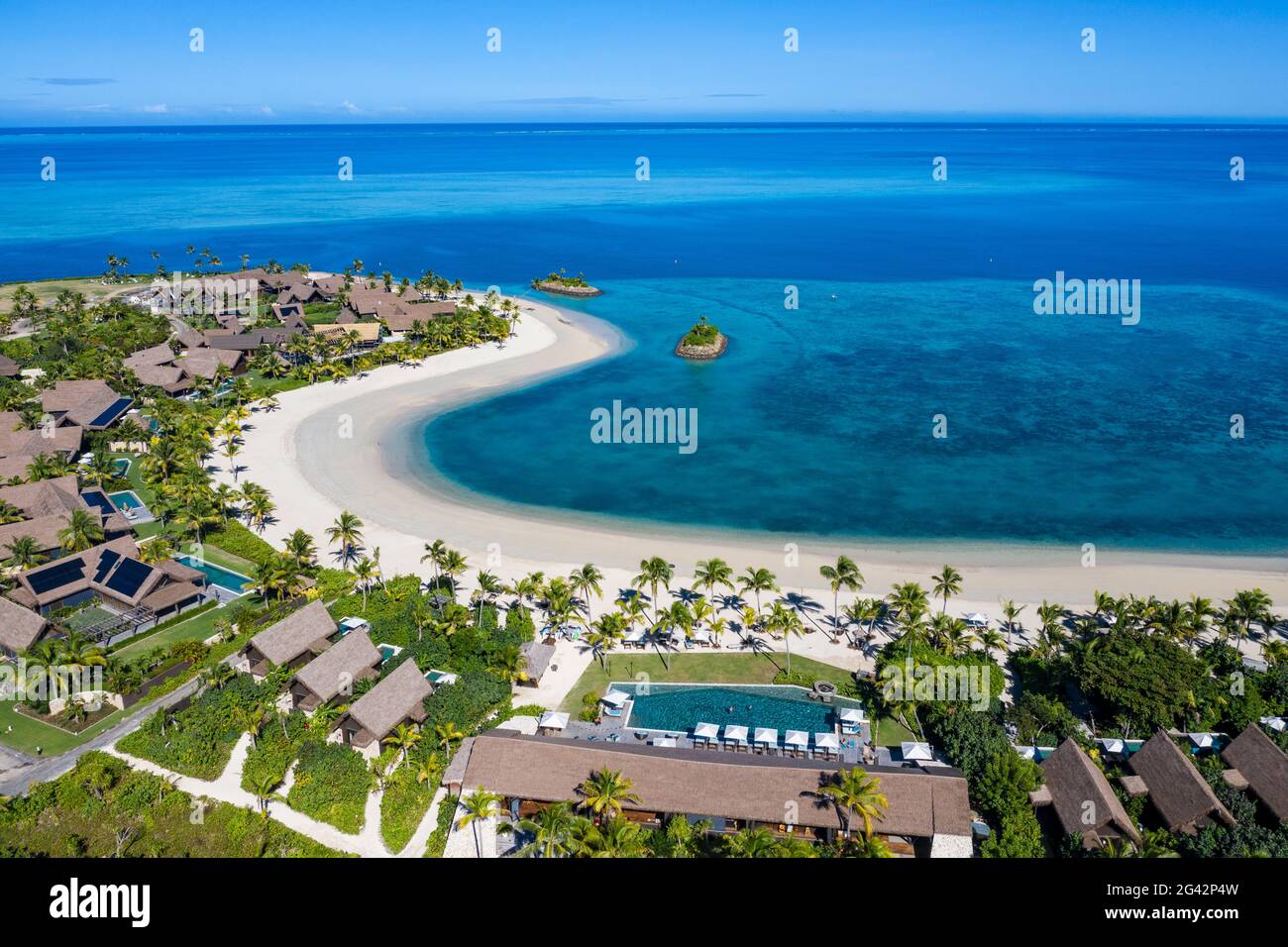 Vista aerea dal Six Senses Fiji Resort, Malolo Island, Mamanuca Group, Isole Fiji, Sud Pacifico Foto Stock