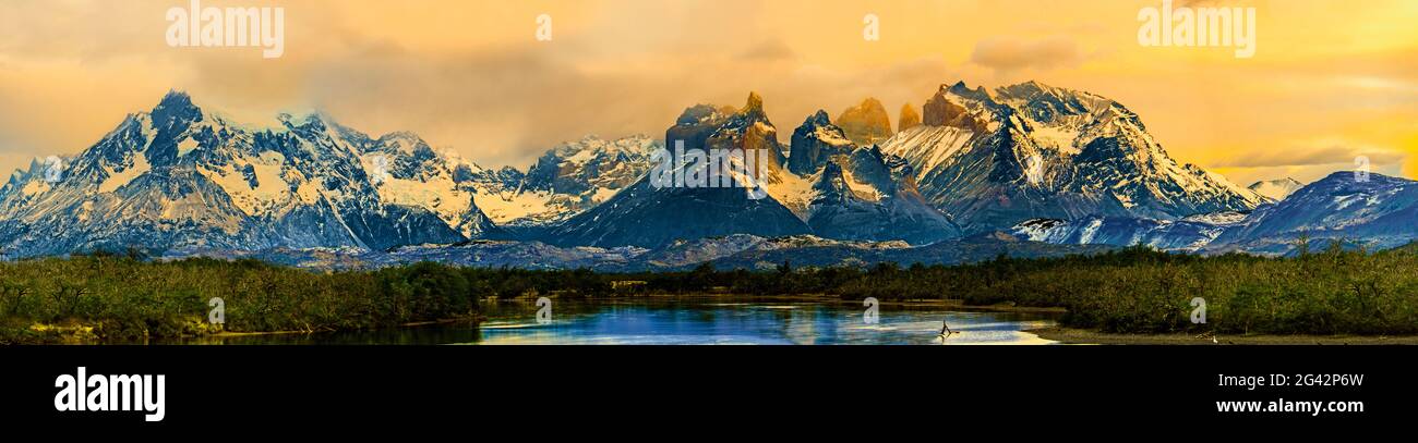 Guanaco (lama guanicoe) nel maestoso paesaggio montano, Patagonia, Cile, Sud America Foto Stock