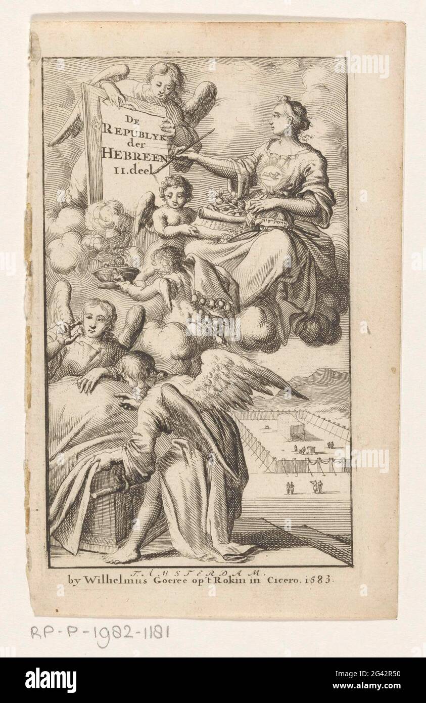 La figura allegorica femminile dipinse un pannello tra le nuvole; pagina del titolo per: Petrus Cuneaus, la Repubblica degli Ebrei II parte, 1683. Una figura allegorica femminile dipinse un pannello nelle nubi che sono tenute da un angelo. Sotto due angeli custodisce l'Arca dell'alleanza. Foto Stock