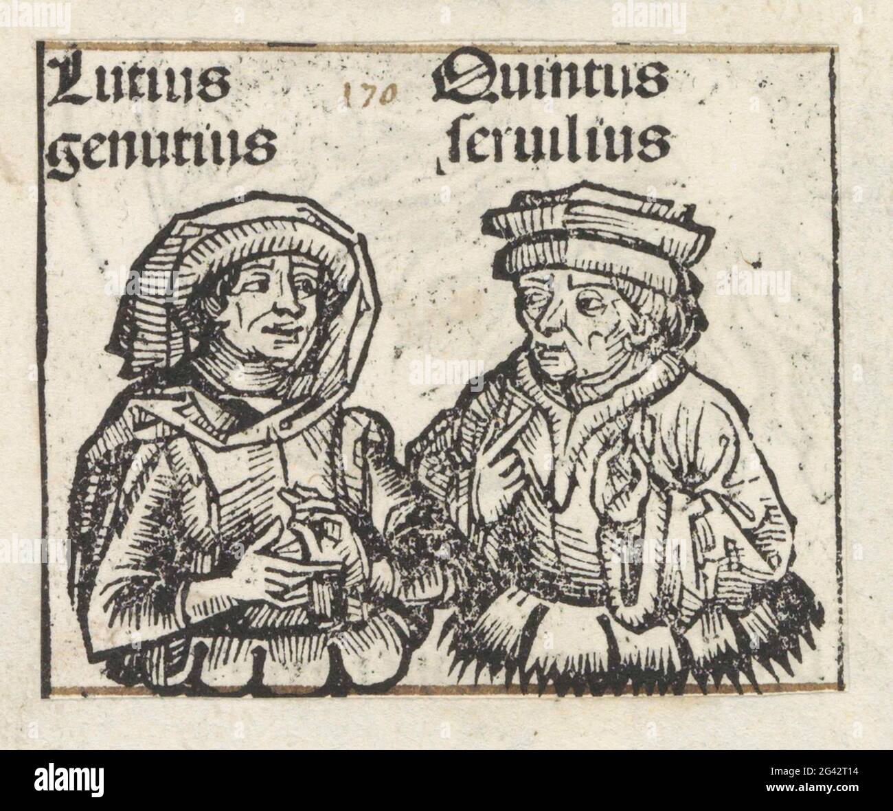 Lucius Gemicius e Quintus Servilius; Luzio Gemitius/Quintus Servilius; Liber cronicarum. Due classi di fiori con due uomini. Sulla sinistra è presente un cappuccio verde. Il giudice un cappello. Il testo li identifica come Lucius Gemicius e Quintus Servilius. Lo spettacolo è un frammento della sequenza dei consoli romani nel Liber Chronicarum. La stampa fa parte di un album. Foto Stock