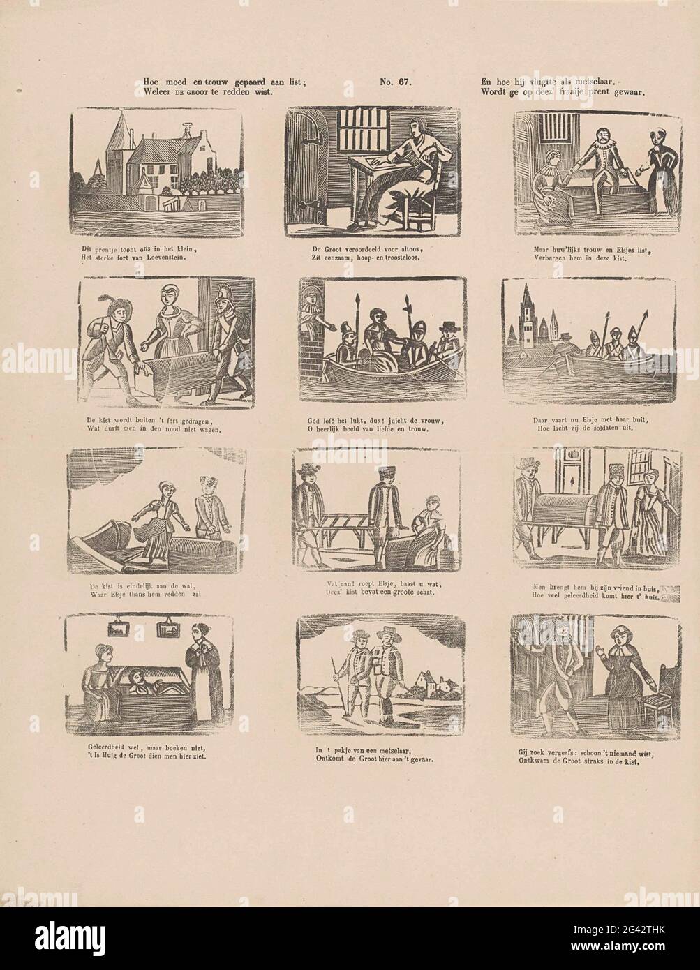 Come coraggio e fedele passo per List; / Weever il grande è riuscito a salvare. / e come fuggì come muratore. / è fatto su Deez 'Fraaije PRENT. Foglia con 12 spettacoli sulla fuga di Hugo de Groot Loevestein nascosto in una scatola libro, il 22 marzo 1621. Sotto ogni immagine un fresco a due zampe. Numerato al centro: N. 67. Foto Stock