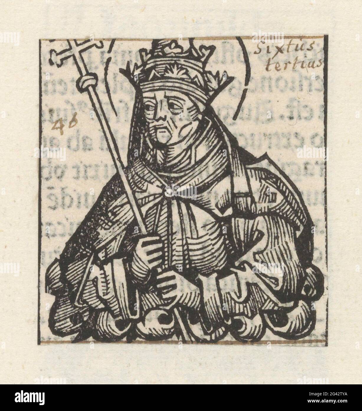 Papa Sisto III; [Sisto Tercio]; Liber cronicarum. Un celco di fiori con un papa. Indossa una tiara e ha un bastone con una doppia croce in mano. Il Nimbus al suo capo dice che il Papa è stato santo. Lo spettacolo fa parte della sequenza pop nel Liber Chronicarum. Il testo scritto a mano identifica l'uomo come Sisto III La stampa fa parte di un album. Foto Stock
