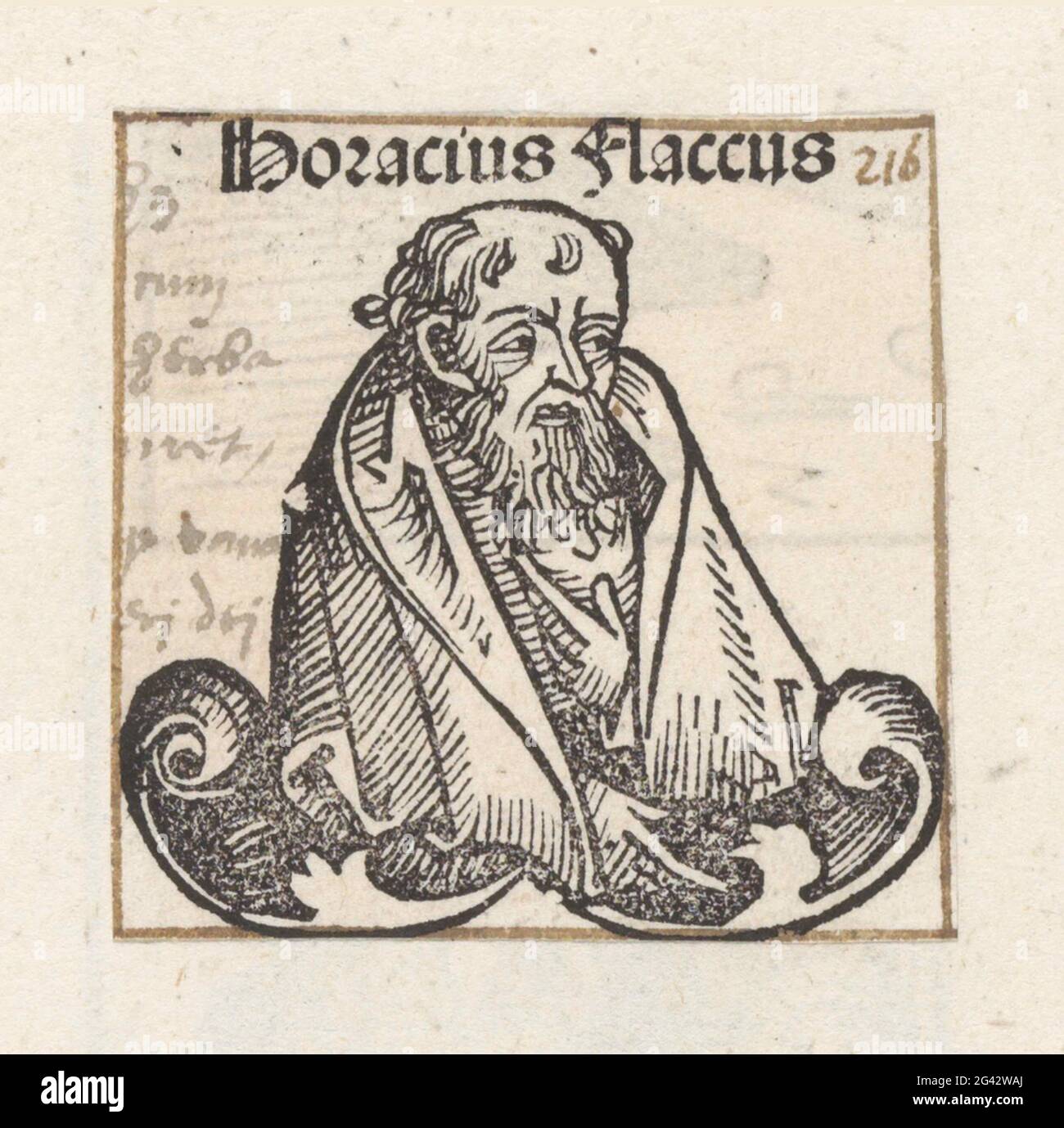 Quintus Horace Flacco; Horacius flacco; Liber cronicarum. Un sedano di fiori con un uomo bearded. Ha un mantello intorno alle spalle. Il testo lo identifica come il poeta romano Horace. La stampa fa parte di un album. Foto Stock