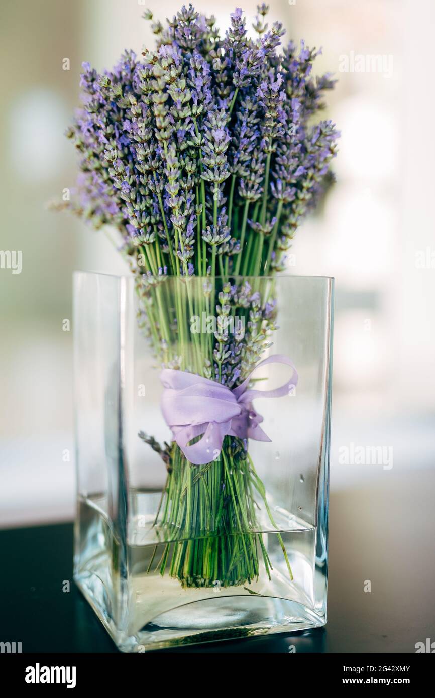 Un bouquet di lavanda con nastri in un bel vaso di vetro sul tavolo Foto Stock