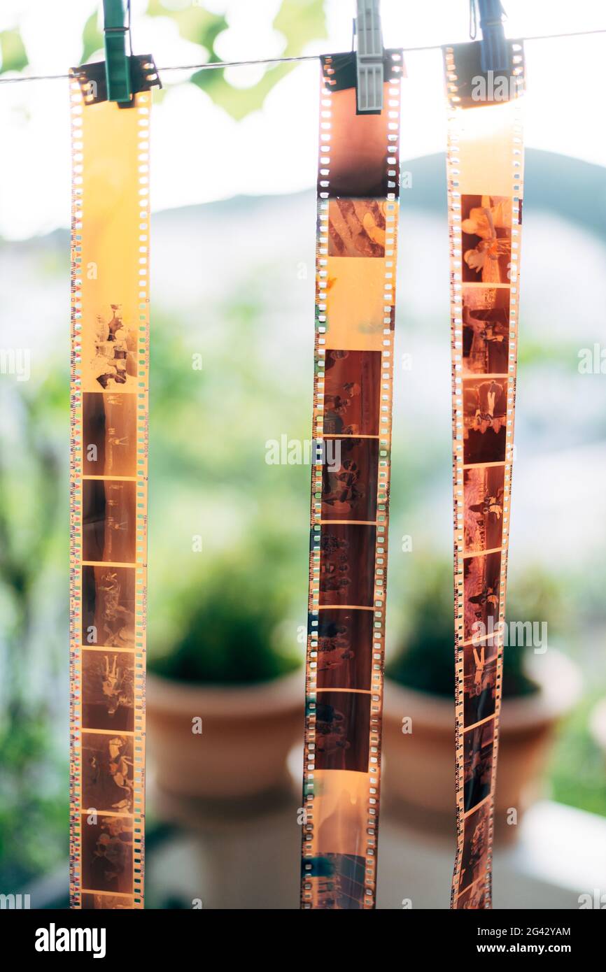 Budva, Montenegro - 21 agosto 2020: Rotoli di vecchi film fotografici, cassette e fotocamere retrò sullo sfondo. Vecchi negati da 35 mm Foto Stock