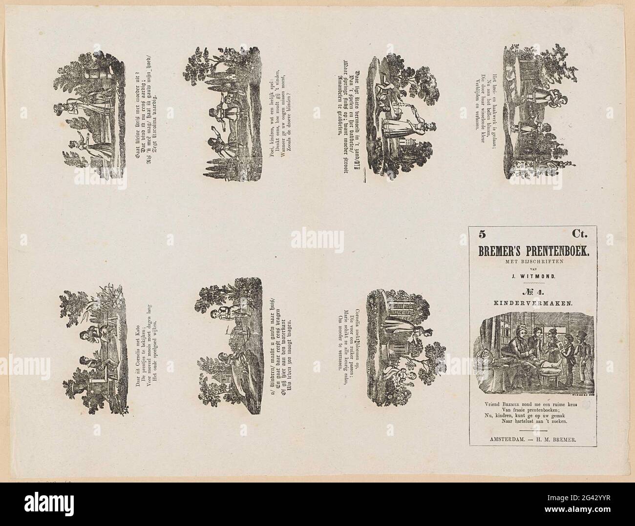 Elaborazione dei bambini; il libro di immagini di Bremer. / con didascalie / van / J. Witmond. Foglia con 7 spettacoli di attività per bambini, come la lettura, la raccolta di fiori e bolle. Sotto ogni performance un versetto a quattro righe, alcuni in stile gotico. In basso a destra un blocco con i titoli e l'indirizzo di pubblicazione e una rappresentazione di un padre e dei suoi figli in un interno. Numerato sotto il titolo: N. 4. Foto Stock
