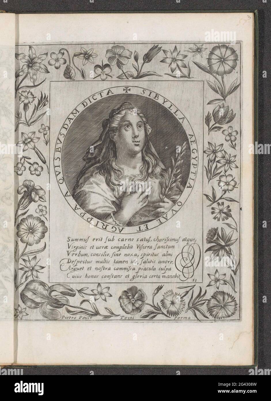Sibille egiziano; Imagini Gentilissime delle Dodici Sibille (...). Busto della Sibille egiziana. Nella sua mano sinistra tiene un ramo di olive e la sua mano destra li tiene contro il petto. Lo spettacolo è catturato in un medaglione con una periferica in latino. Sotto la mostra una didascalia di sei righe in latino. Intorno ad una cornice con fiori. Stampa fa parte di un album. Foto Stock