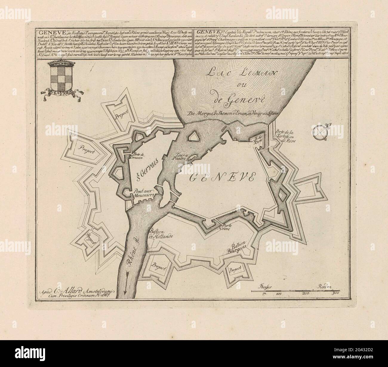Mappa di Ginevra; Ginevra, la capitale delle repubbliche evenominate (...); Les princippales Forterses & Villes Fortes, D'Espagne, De France, D'Italie, i Savoia, D'Allemagne & des Païs-Bas (...) / immagini sittinguriali delle principali città forti e fortezze di Spanjen, Vrankryk, Italien, Savoy, Duytsland e Nederlanden (...). Mappa delle fortificazioni intorno alla città di Ginevra. Con testi in olandese e francese. La stampa fa parte di un album. Foto Stock