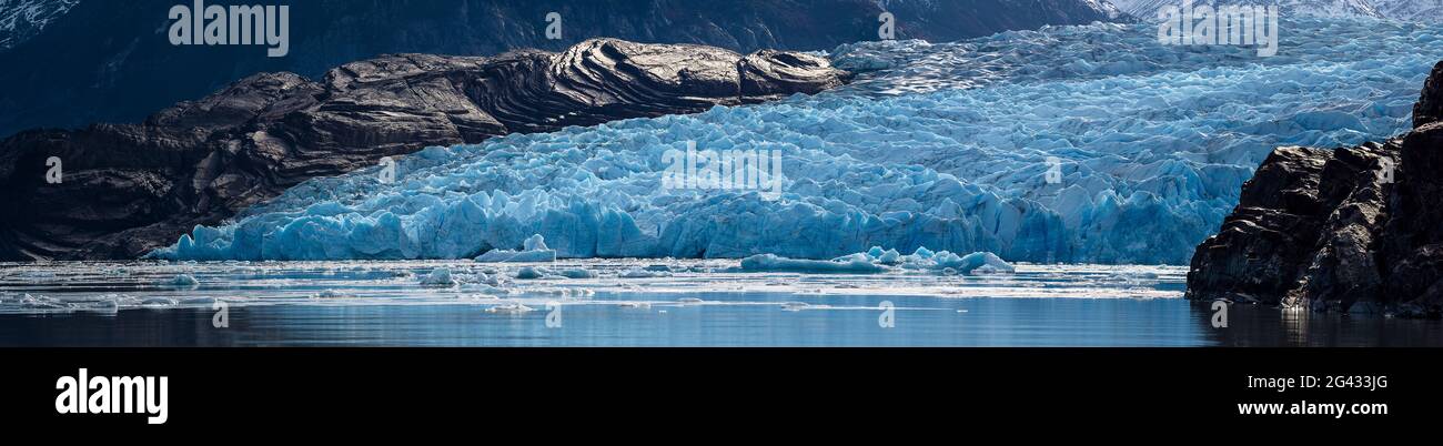 Ghiacciaio grigio che scende al Lago Grey, Regione Magellanes, Torres del Paine, Cile Foto Stock