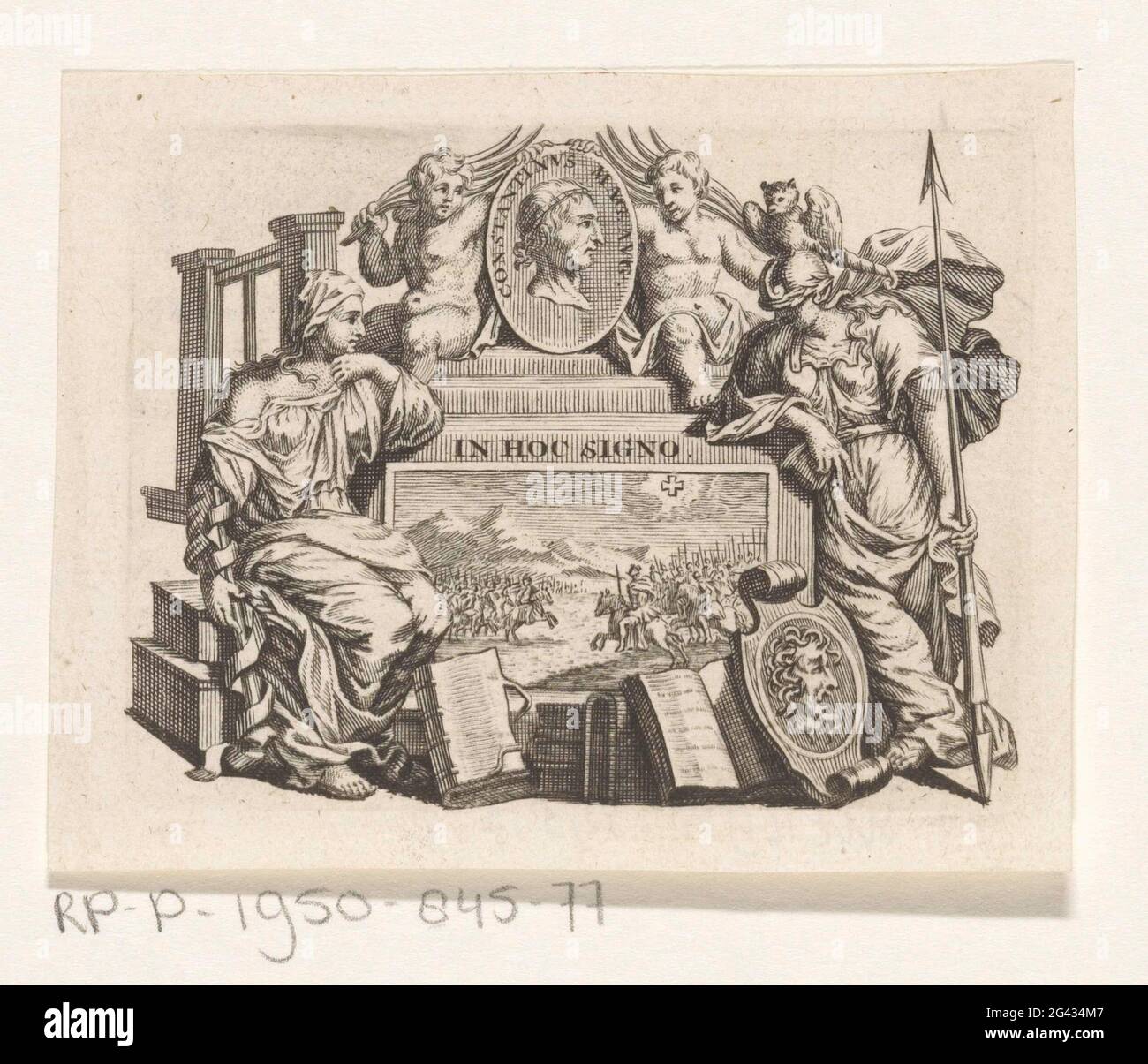 Vignetta con seduta e minerva; pagina del titolo per: François Halma e Matthaeus Brouërius van Nidek, Teatro del Segretario Nederlanden e paesaggi dipendenti, 1725. Vignetta sulla pagina del titolo con una donna seduta e minerva con scudo e gufo su entrambi i lati di un'immagine di una battaglia. Sopra un medaglione ritratto da Costantijn il grande fiancheggiato da due putti. Al centro il motto in hoc signo. Stampa di Hendrik Halma. Foto Stock
