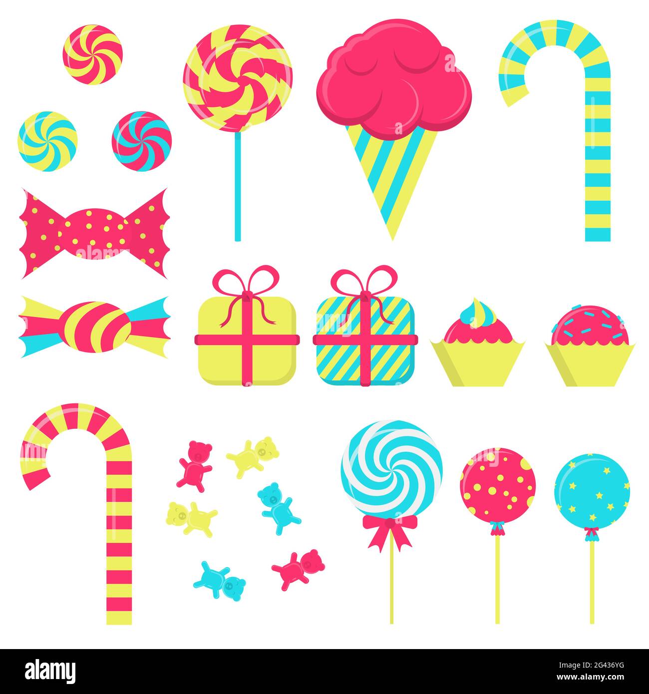 Numerose caramelle su sfondo bianco. Lollipop, gelato, caramelle, gomma da bolle, confezione regalo Illustrazione Vettoriale