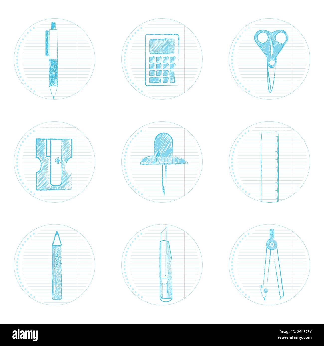 Icone circolari sotto forma di notebook con calcolatrice, forbici, penna, bussola da disegno, perno, affilatrice a matita, matita, righello, stilo Illustrazione Vettoriale