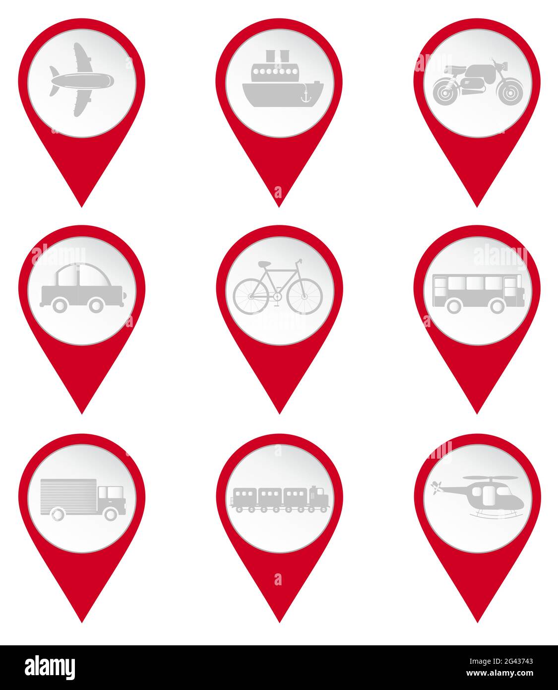 Icone dei mezzi di trasporto: Auto, aereo, nave, motociclo, bici, autobus, camion, treno, elicottero. Sfondo bianco. Illustrazione Vettoriale