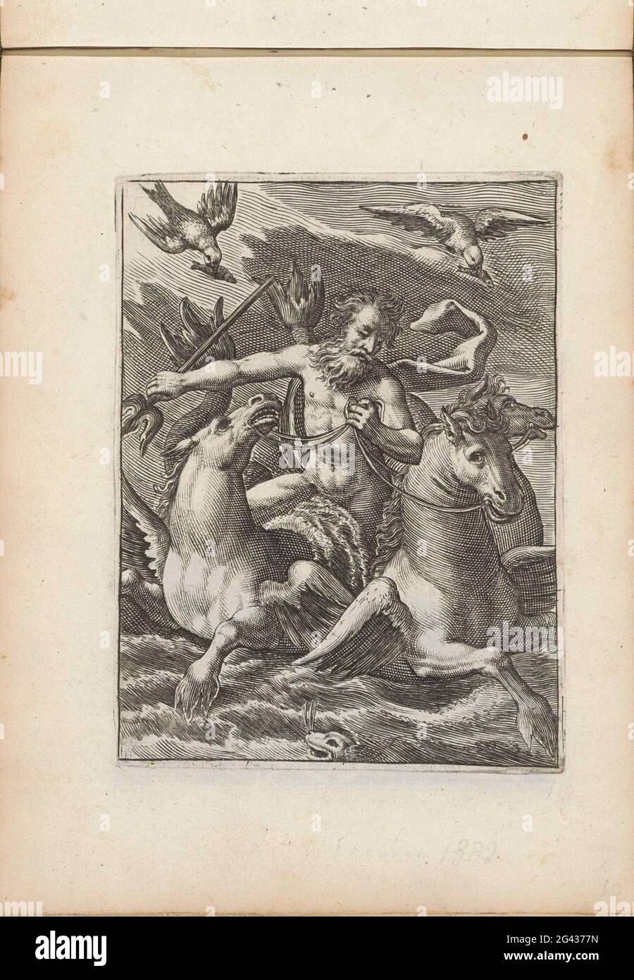 Nettuno sulla sua auto; pesca; PISCIUM VIVAE ICONES. Nettuno continua sulla sua auto con cavalli di mare. Questa stampa fa parte di un album. Foto Stock