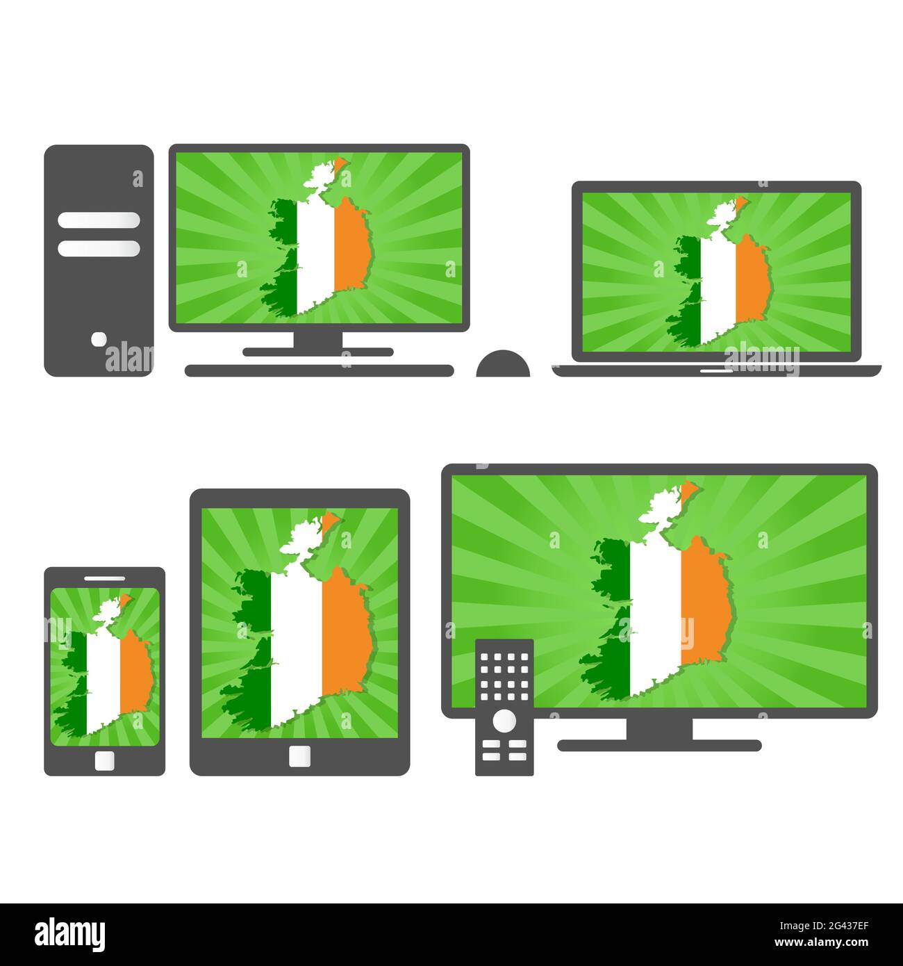 Molti dispositivi multimediali (tablet, pc, cellulare, laptop, smart tv) con la mappa e la bandiera dell'Irlanda Illustrazione Vettoriale
