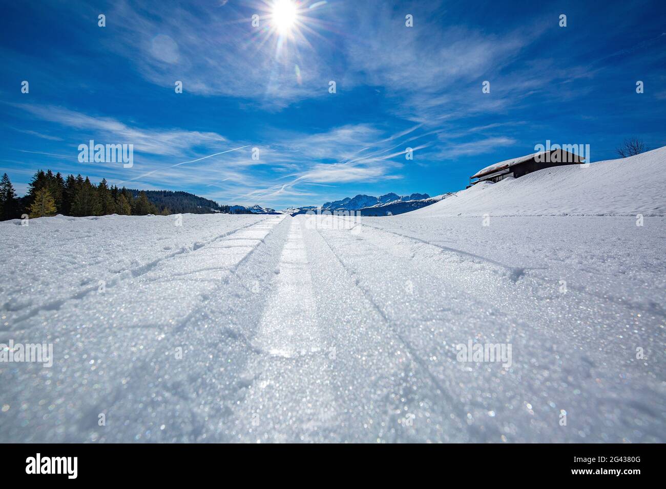 Pista da sci di fondo con vista panoramica sul Lofer Steinberge sull'Almo di Winklmoos, Chiemgau, Baviera, Germania Foto Stock