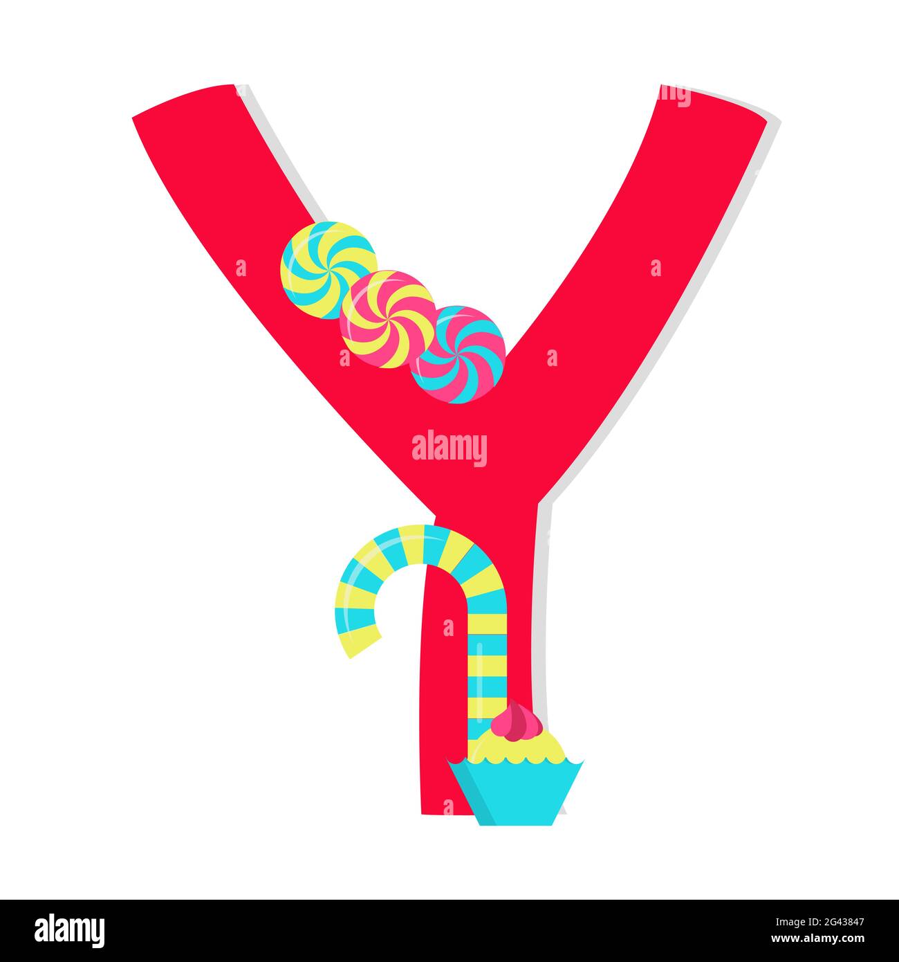 Lettera 'y' da alfabeto stilizzato con caramelle: Caramella bastone, caramella alla menta peperita, dolci. Sfondo bianco. Illustrazione Vettoriale