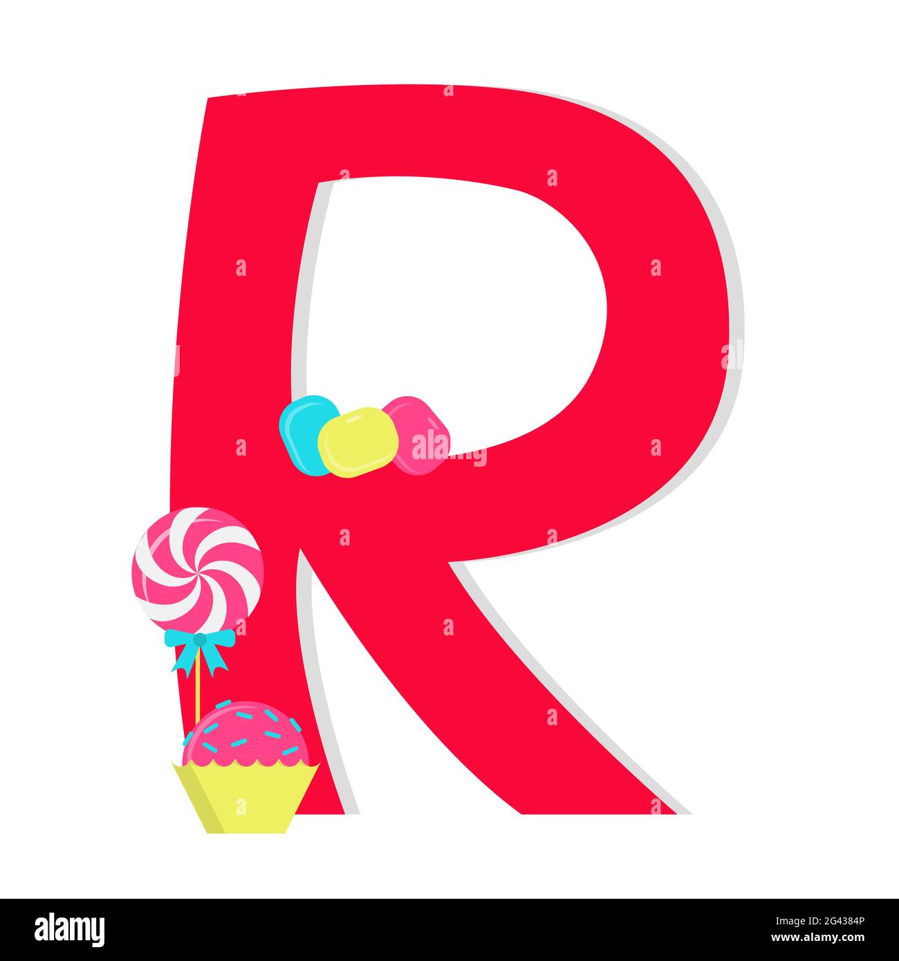 Lettera 'r' dall'alfabeto stilizzato con caramelle: lollipop, pasticche caramella, brigadeiro. Sfondo bianco. Illustrazione Vettoriale